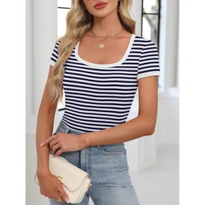 FOXA Women Short Sleeve Ribbed Knit Top Square Neck Fitted Casual Summer Basic Tee Striped Cotton Spandex <b>Blend</b> - Product Image 3