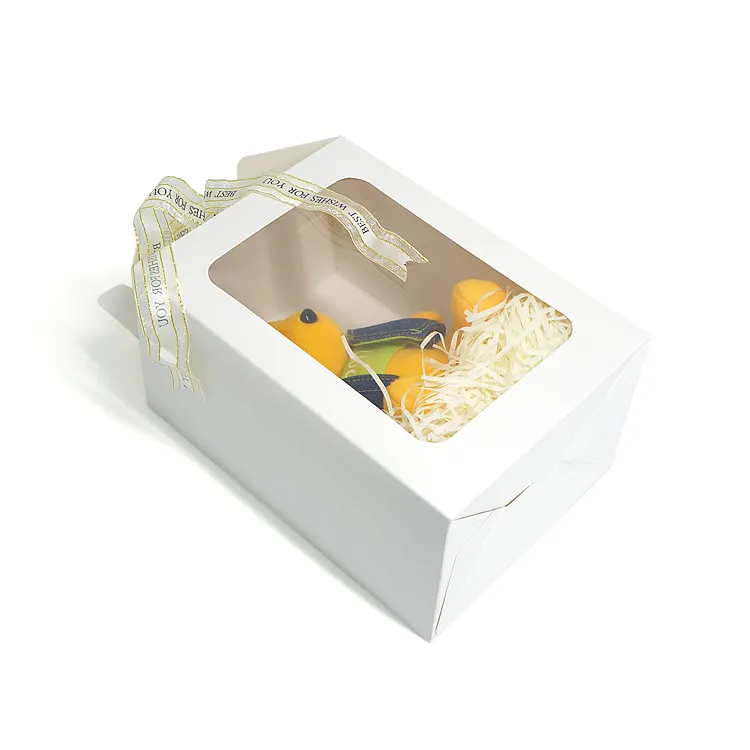 Boîte d'emballage en papier blanc de qualité alimentaire bon marché avec fenêtre Boîtes à gâteaux d'anniversaire de boulangerie personnalisées avec poignée en papier