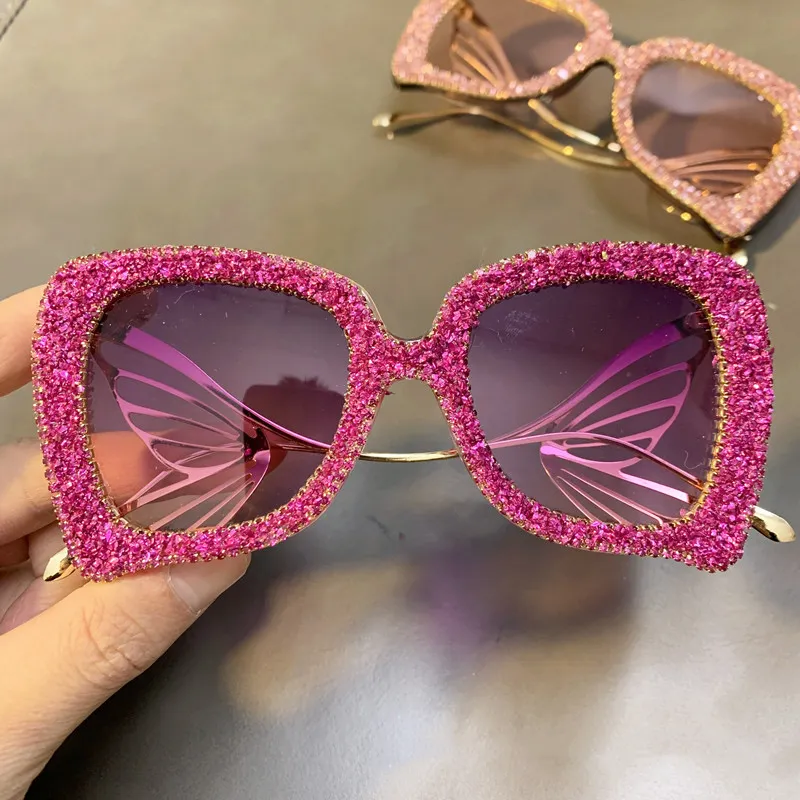 New design bling crystals big shade women pink saolar anteojos de sol mujer cairan butterfly sunglasses