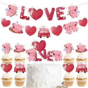 Neues Produkt Cartoon Schwein Thema Valentinstag Dekoration Liebe Banner Herz Girlande Kuchen Cupcake Topper für Hochzeits zimmer