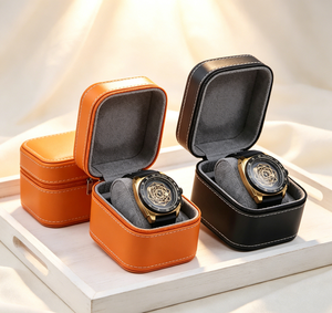 Estuche de Almacenamiento para Relojes de Alta Gama con Base Rígida de Tela de Cuero Sintético, Cierre Magnético, Opciones en Negro/Naranja, Diseño Impreso en Cuatro Colores - Product Image 4