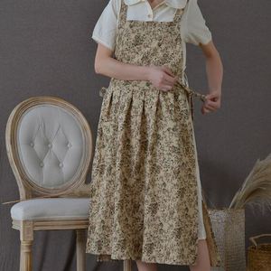Vintage Floral Big Pockets Home Use Baking Cotton Linen Maxi Skirt Cross Back Women <b>Aprons</b> - Product Image 2