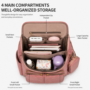 Mochila de gran capacidad para mujer con bolsillo frontal con cremallera, bolsa de viaje informal rosa para compras - Product Image 3