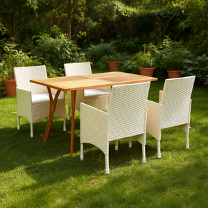 Ensemble de salle à manger de jardin en rotin brun avec table en teck 4 places, mobilier d'extérieur au design contemporain, résistant aux intempéries - Product Image 2