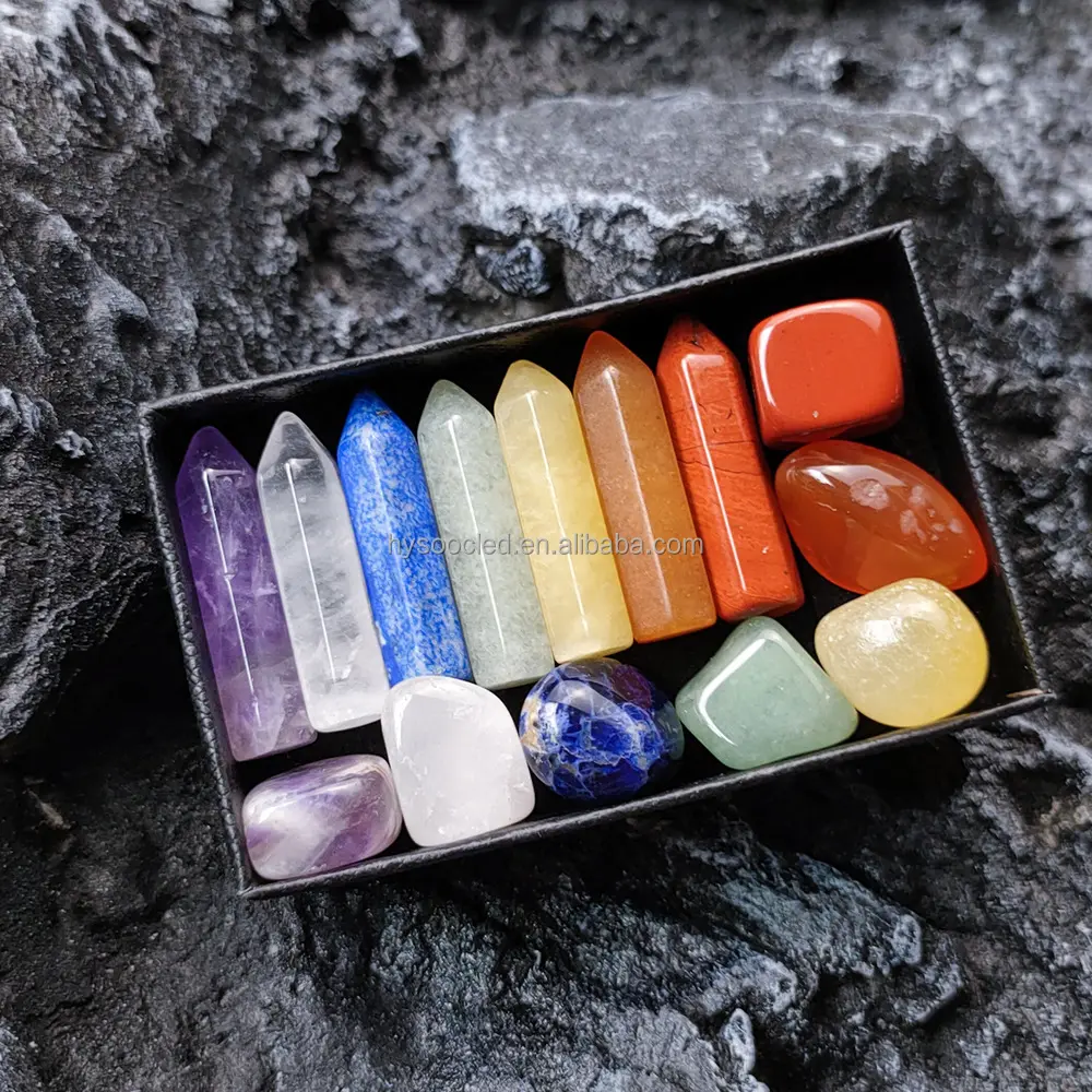 Natural 7 chakra hexagonal column energy stone combination set gifts box crystals healing stones gemstone chakra crystal set