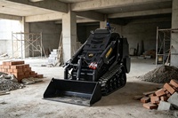 Mini-chargeuse compacte jaune 4x4 avec rétrocaveuse et chargeur frontal, moteur Euro 5 certifié CE ISO EPA pour travaux agricoles et de construction en terrain accidenté