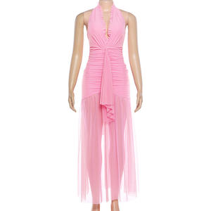 Viviblook Z107DS01 <b>Women</b> Party <b>Dresses</b> Solid Color <b>Sexy</b> Mesh Splicing Halter Pleated Valentine's Day Backless Maxi Split <b>Dress</b> - Product Image 3