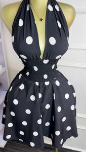 GX8842 ファッション 2025 セクシー ホルターネック ディープVネック ウェーブポイントプリント ミニドレス 夏 レディース カジュアル エレガント ノースリーブドレス - Product Image 3