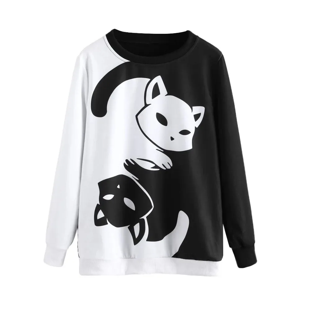 Couple Black White Yin and Yang Cat Printed Sweatshirts Hoodies Unisex O-neck Long Sleeve Soft Sportswear Sweatshirt