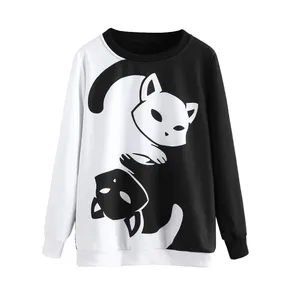 커플 블랙 화이트 음과 양 고양이 인쇄 스웨터 후드 유니섹스 긴팔 소프트 운동복