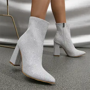 Otoño 2023 nueva moda botas puntiagudas de tacón alto botas cortas de tacón grueso botas británicas puntiagudas tacones femeninos