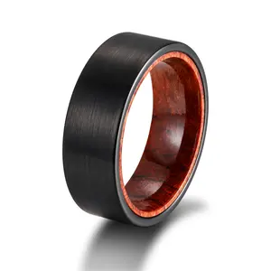 Somen Fashion Jewelry 8MM Black Plated Red Sandalwood Inlay Brushed Tungsten Carbide Rings for Men