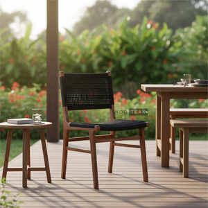 Chaise de salle à manger légère Clanora avec détails en teck massif tressé, confortable, durable, design moderne pour une utilisation en extérieur, hôtels, parcs - Product Image 5