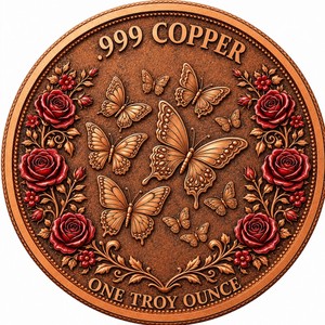 Rose Rouge & PAPILLON 1 Troy Oz .999 Pièce Ronde en Cuivre Pur Impression 2D & Relief 3D Médaillon en Cuivre Fin pour Collection - Product Image 2