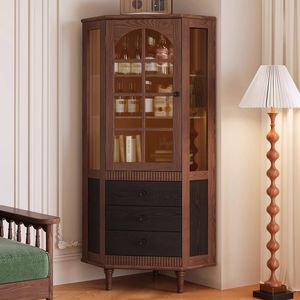 Mueble esquinero de madera maciza estilo vintage para sala de estar con puerta de vidrio y cajones - Product Image 2
