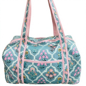 Handmade Quilted Cotton Duffle <b>Bag</b> Large Weekender Travel <b>Bag</b> with Block Printed Design Women's <b>Overnight</b> Hand Luggage <b>Bag</b> - Product Image 1