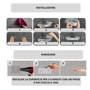 Mensole angolari per doccia senza foratura, set da 2, organizer adesivo in alluminio per bagno con ganci - Product Image 4