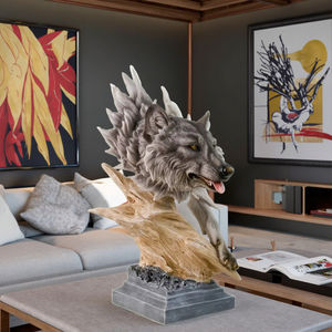 Statue <span class=keywords><strong>de</strong></span> <span class=keywords><strong>tête</strong></span> <span class=keywords><strong>de</strong></span> <span class=keywords><strong>loup</strong></span> en résine peinte à la main réaliste Décoration d'intérieur d'Halloween Sculpture <span class=keywords><strong>de</strong></span> bureau - Product Image 1