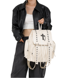 Sac à dos en PU pour femmes, multi-poches, pour étudiants, ordinateur portable, étanche, antivol, sac à bandoulière, rivets punk, noir, rock, voyage pour filles - Product Image 1