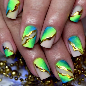 Uñas Postizas Reutilizables Estilo Europeo Americano Francés, Color Verde Fluorescente <span class=keywords><strong>con</strong></span> Borde <span class=keywords><strong>Dorado</strong></span>, Arte de Uñas al por Mayor - Product Image 1