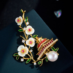Chinese Style Plum Blossom Pavilion Brooch Copper Alloy Gold Plated Zircon Inlaid Freshwater Pearl Women's Fashion Accessory - Product Image 1