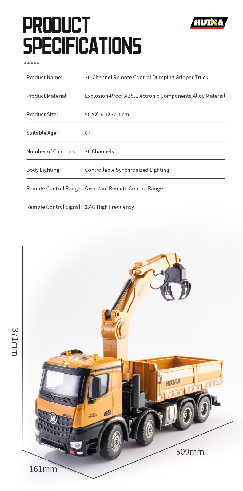 Huina 1538 1/14th 3in1 Alloy RC Engineering Dump Truck