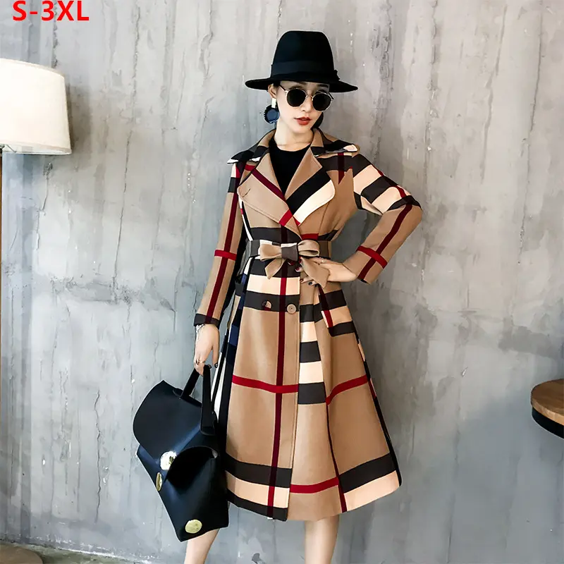 2022 winter women's long luxury famous branded jacket slim turn-down collar belted elegant ladies plaid designer coats for women