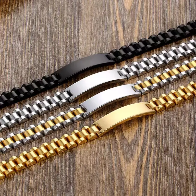 Custom engraved blank bar bracelets  316L stainless steel gold plated watch strap bracelet for men