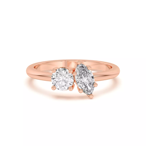 Solid 18K Gold Two Stone Engagement <b>Ring</b>, Round & Marquise Cut Prong Set Lab Grown Diamond Toi Et Moi Women Wedding Jewelry - Product Image 3