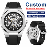 Nouvelles montres mécaniques automatiques pour hommes avec bracelet en silicone, boîtier en acier inoxydable, squelette ajouré