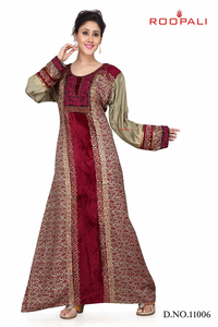Maroon Designer Kaftan with Fabric Mix N <b>Match</b> Jalabiya Elegant Modest Dress Stylish Printed Panel Design for Women - Product Image 2