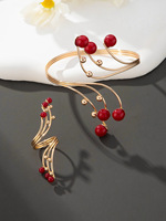 Classique Ensemble Bijoux Plaqué Or 2 Pièces Ligne Étagée Bague Perle Bracelet Jonc Perle Rouge Blanche pour Femme