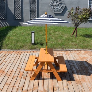 Conjunto de Mesa de Picnic de Madera con Sombrilla y Rayas Costeras – Banco de Comedor para Exteriores Resistente a la Intemperie con Protección Solar para Jardín - Product Image 4