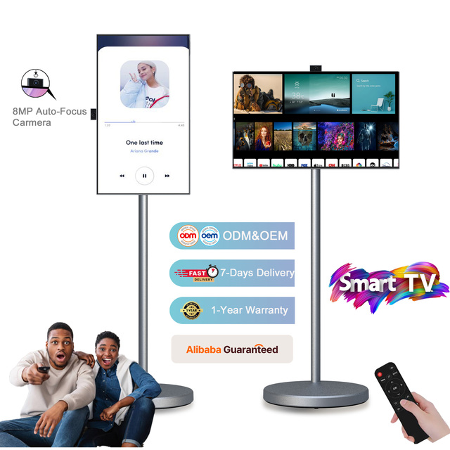 27-Inch Rechargeable Android 13 Interactive Portable TV 500W LED Backlight 12V English HD White Mobile Smart Floor Standing HDTV