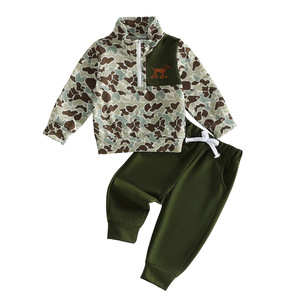 Ensemble 2 pièces pour garçon (6M-4T) : <span class=keywords><strong>Sweat</strong></span>-shirt camouflage à demi-zip avec broderie chien et pantalon de jogging uni – Collection automne pour enfants (vente en gros) - Product Image 2