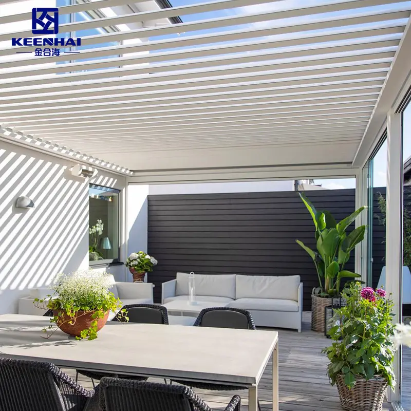 Gazebo taman Modern, pasang di dinding, teras luar ruangan, aluminium otomatis pergola manual atau atap listrik