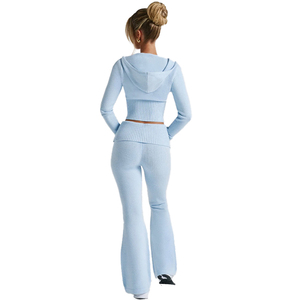 Ensemble de sport à capuche 2 pièces de haute qualité pour femmes Nouveau printemps Fermeture éclair intégrale Crop top + Pantalon <span class=keywords><strong>taille</strong></span> haute Couleur unie Ensemble tricoté décontracté - Product Image 5