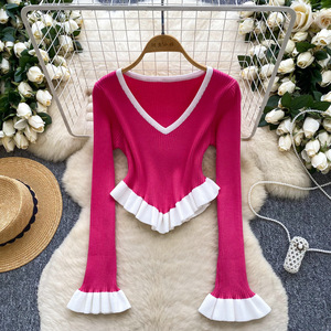 GX0768 Boutique Mode 2025 Herbst Damenbekleidung Lieferant Elegante Sexy Blusen Strick Langarm V-Ausschnitt Irreguläre Tops - Product Image 4