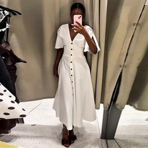 Elegante vestido largo blanco mujer manga corta cuello en V botón cintura alta Slim A-line vestidos 2025 verano señora High Street Robes nuevo - Product Image 4