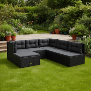 Ensemble de salon de jardin en polyrotin noir 6 pièces avec coussins, mobilier d'extérieur design contemporain - Product Image 2