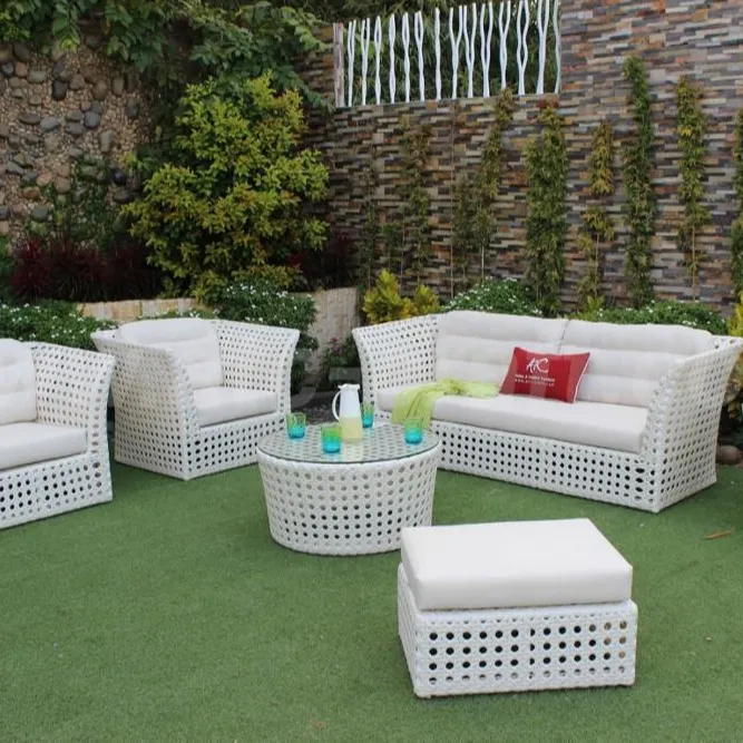 Diseño único al aire libre blanco plano mimbre marco de aluminio muebles sofá conjunto para Hotel Villa patio usado