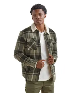 Men's classic plaid long sleeve buttons camping warm lining with thick cotton hooded shirt jacket