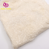 Kain Mesh Bordir Payet Berkilau 3mm Motif Bunga Mawar 3D Mewah, Kain Tulle Lace untuk Gaun Malam, Gaun Pengantin, Tas