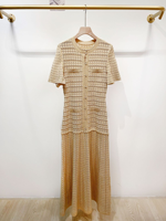 Nuevas llegadas: Vestido casual de Ramadán hasta la rodilla con cuello de burbuja brillante y manga perforada de estilo francés de alta costura.