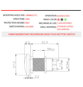 Metal Mushroom Head Momentary NO Contact IP65 Stainless Steel 3A 250V 12V For Control System Mushroom <b>Push</b> <b>Button</b> <b>Switch</b> - Product Image 2