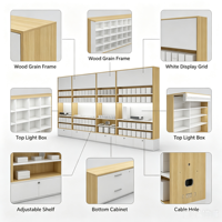 Grand présentoir mural pour accessoires de téléphone portable, cadre en bois grainé, vitrine avec éclairage LED et tiroirs de rangement verrouillables