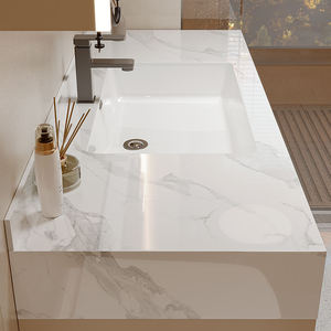 Meuble-lavabo moderne flottant pour salle de bain, avec vasque en dalle de roche sans joint et porte en verre cannelé, idéal pour hôtels et villas - Offre Spéciale - Product Image 4
