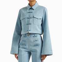 Wisrise Damen Hellblaue Cropped-Jeansjacke mit Chinesischen Knotenknöpfen, Weiten Ärmeln und Trendigem Fusion-Stil