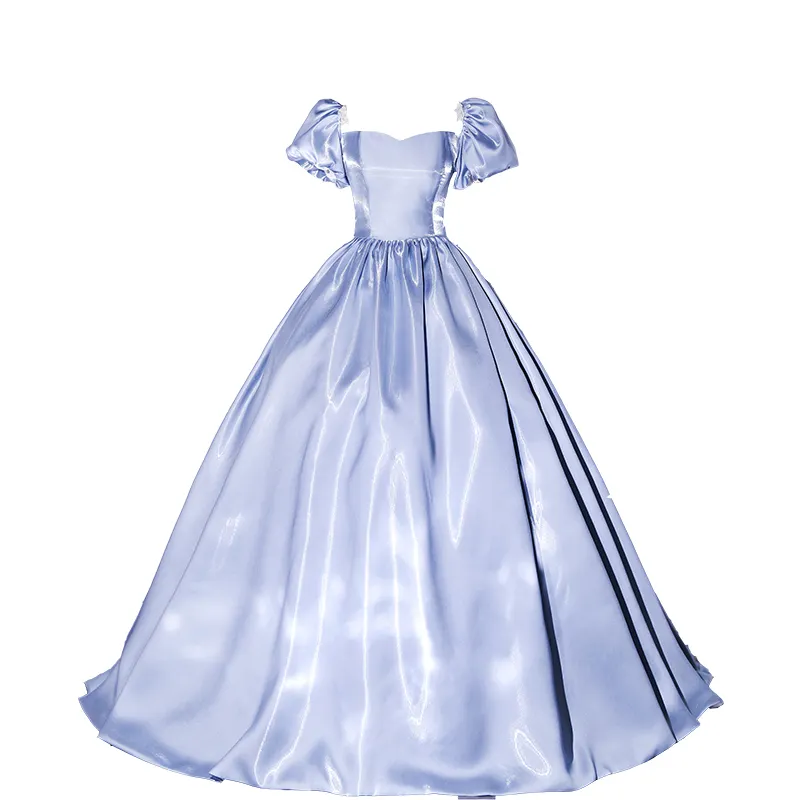 Robe de soirée sexy bleue unie à manches longues bouffantes avec bustier tubulaire pour dames Robes d'été à fente de nuit pour femme avec fermeture éclair