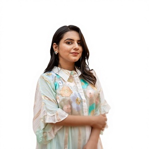 Robe d'été mi-longue en coton léger à manches bouffantes, col en V, motif floral vert menthe, style bohème, coupe trapèze, idéale pour la plage et les vacances - Product Image 1